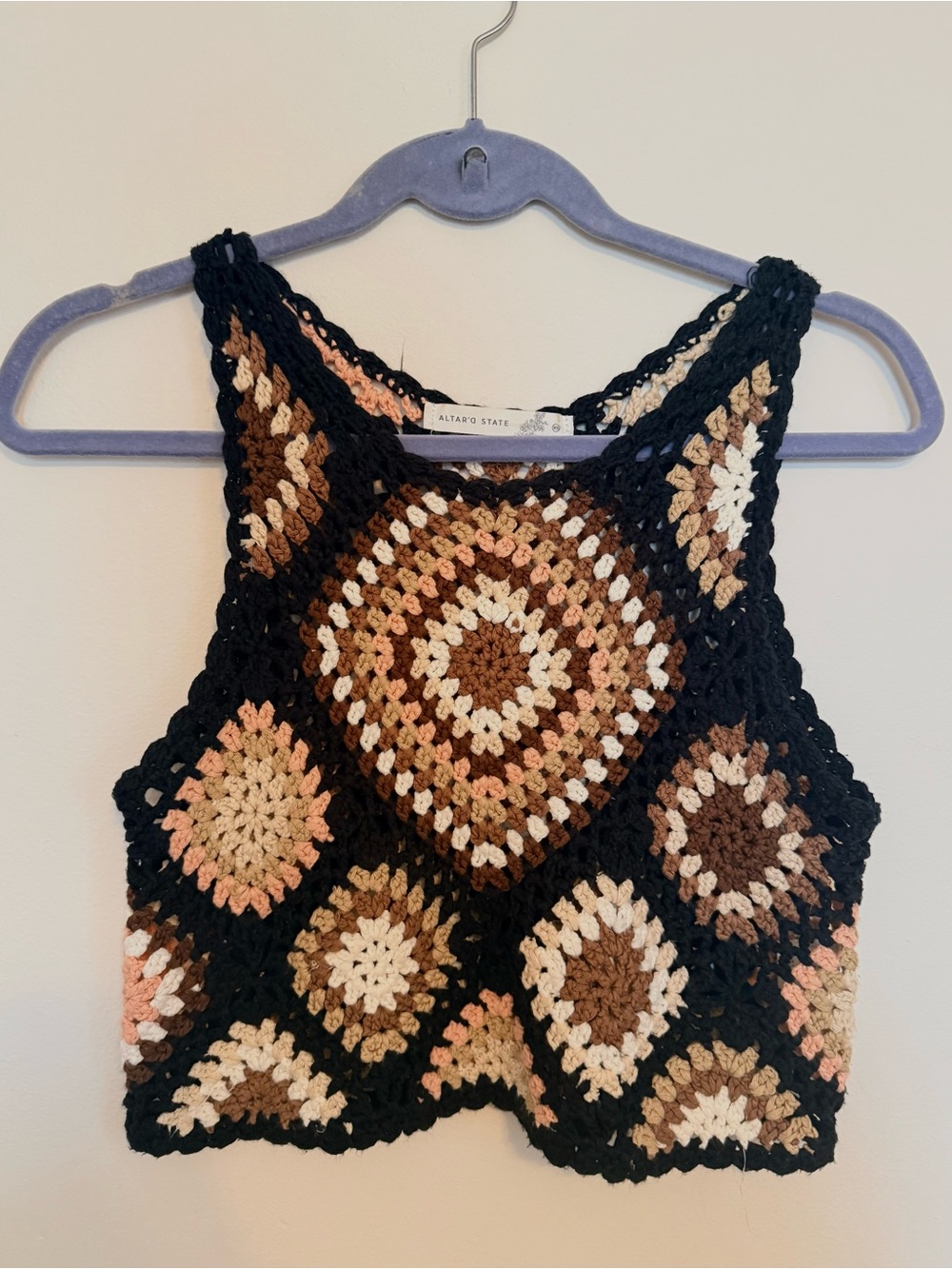 Altar'd State Black Crochet Crop Top with Brown & Cream